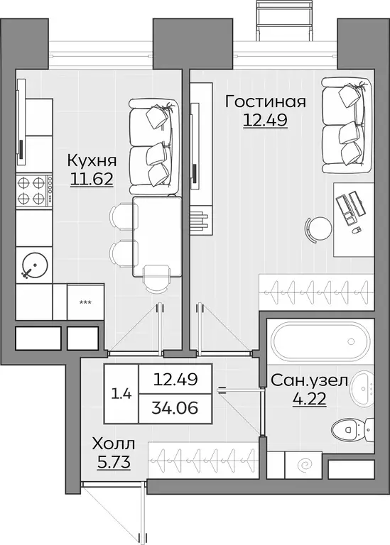 1-к квартира, 34.06 м - Фото 0