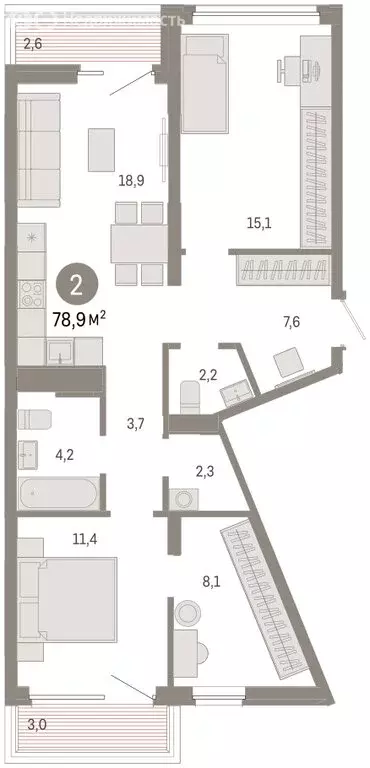 2-комнатная квартира: Екатеринбург, Мраморская улица, 27/2 (78.92 м) - Фото 1