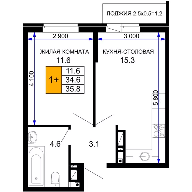 1-комнатная квартира: Краснодар, жилой комплекс Дыхание (35.8 м) - Фото 0