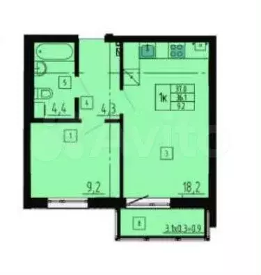 1-к. квартира, 37 м, 7/8 эт. - Фото 1