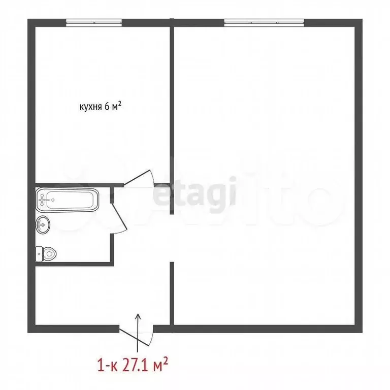 1-к. квартира, 27,1 м, 1/5 эт. - Фото 0