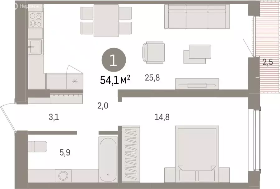 1-комнатная квартира: Новосибирск, улица Аэропорт (54.09 м) - Фото 1