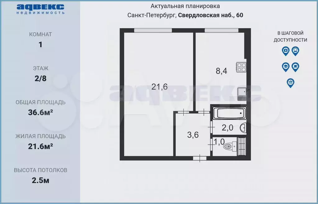 1-к. квартира, 36,6 м, 2/8 эт. - Фото 0