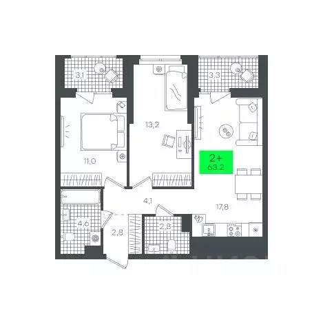 2-к кв. Тюменская область, Тюмень ул. Василия Малкова, 15 (63.21 м) - Фото 0