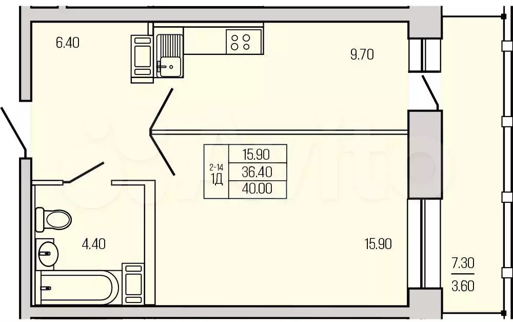 1-к. квартира, 40 м, 4/21 эт. - Фото 1