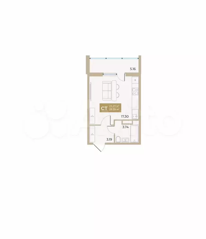 Квартира-студия, 24,2 м, 12/17 эт. - Фото 0