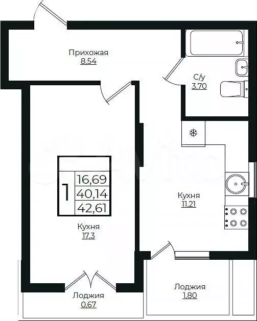 1-к. квартира, 42,6 м, 4/10 эт. - Фото 1