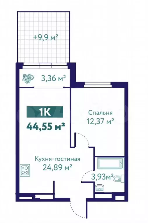 1-к. квартира, 44,6 м, 1/10 эт. - Фото 1