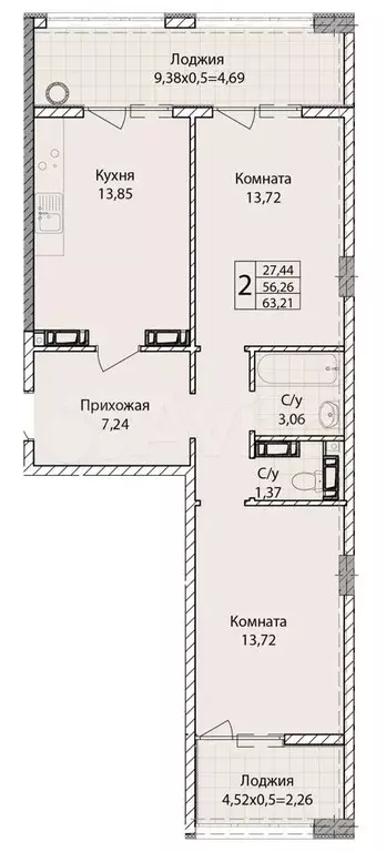 2-к. квартира, 63,2 м, 7/9 эт. - Фото 0