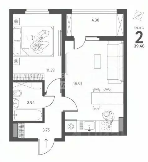 1-к кв. Липецкая область, Липецк ул. Перова, 1 (39.48 м) - Фото 2