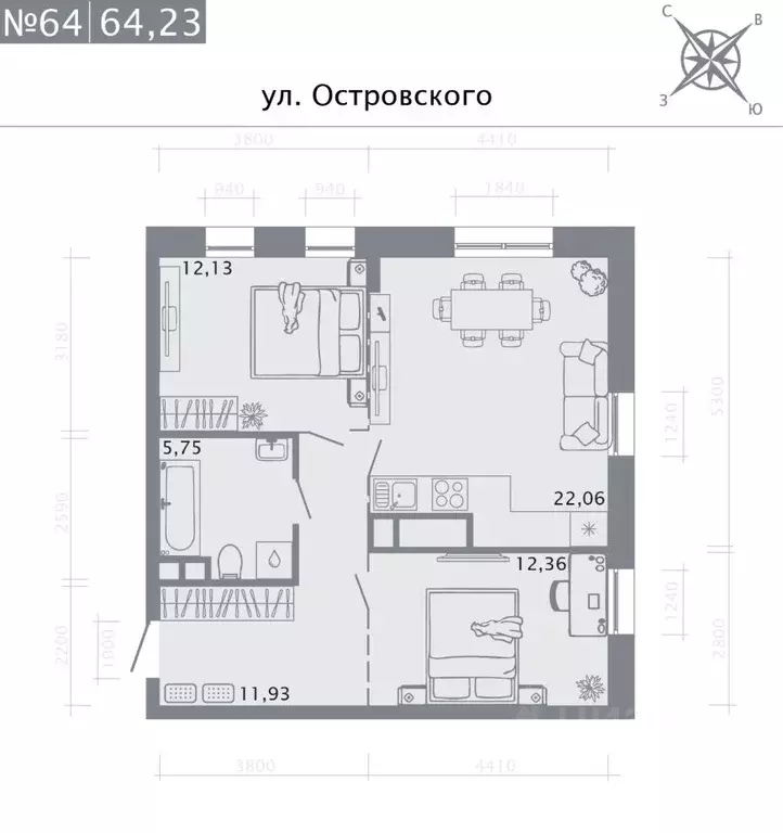 2-к кв. Татарстан, Казань Кастура Таун жилой комплекс (64.23 м) - Фото 0