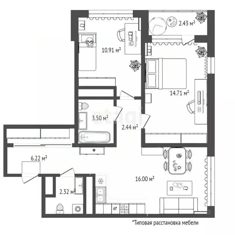 2-к кв. Тюменская область, Тюмень  (56.1 м) - Фото 1