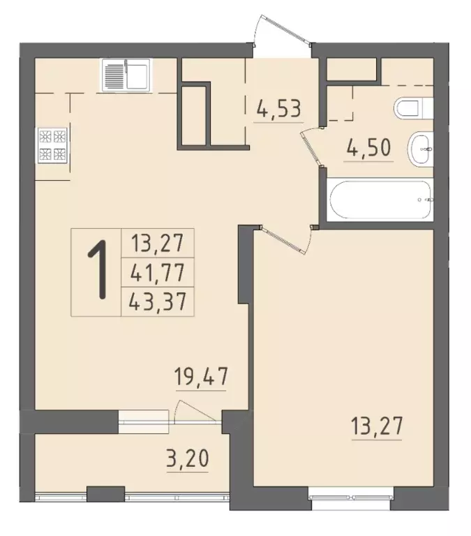1-к квартира, 43.37 м - Фото 0