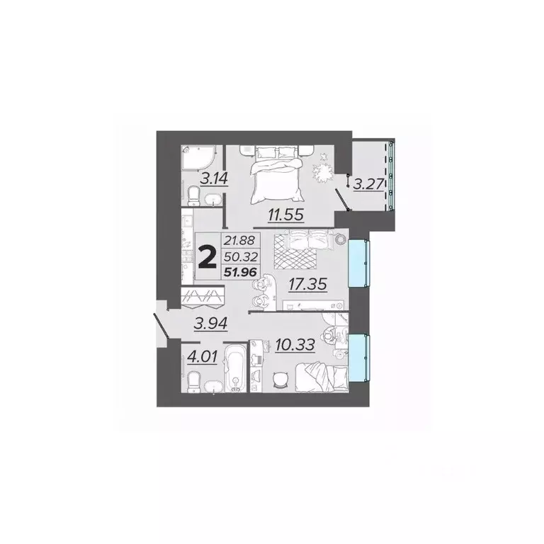 2-к кв. Брянская область, Брянск Архитектор жилой комплекс (51.96 м) - Фото 1