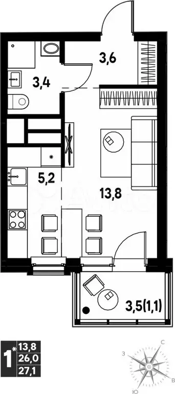 Квартира-студия, 27,1 м, 5/16 эт. - Фото 0