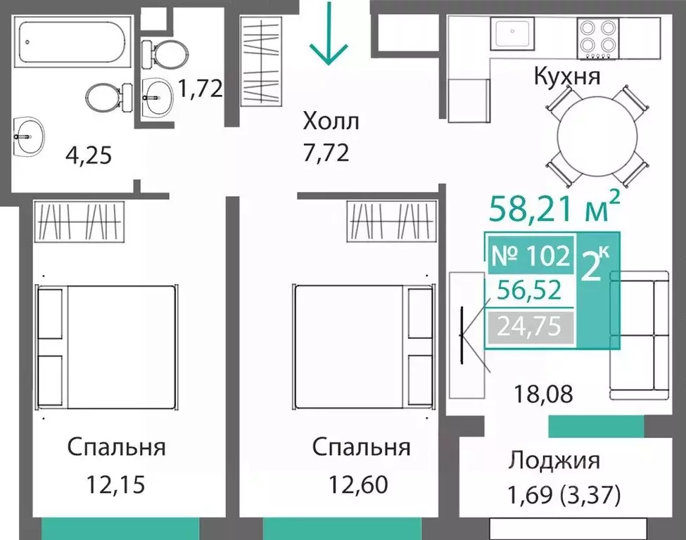 2-к кв. Крым, Симферополь Крымская роза мкр,  (58.21 м) - Фото 0