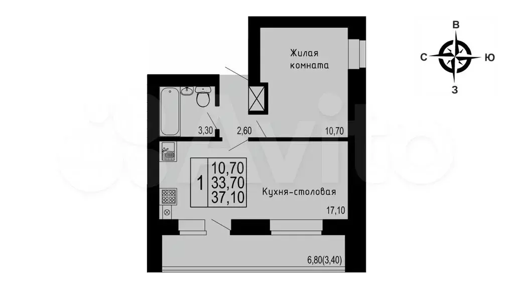 1-к. квартира, 36,6 м, 4/5 эт. - Фото 0