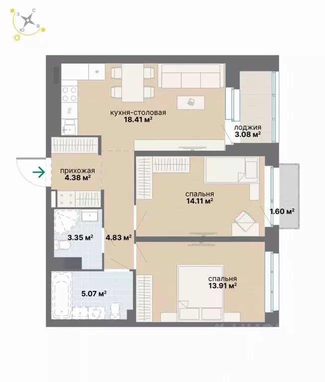 2-к кв. Свердловская область, Екатеринбург Эльмаш жилрайон,  (68.74 м) - Фото 1