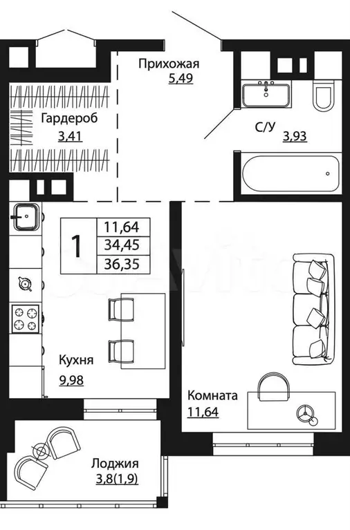 1-к. квартира, 36,6 м, 2/24 эт. - Фото 0