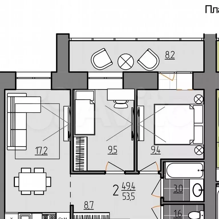 2-к. квартира, 53,5 м, 5/9 эт. - Фото 0