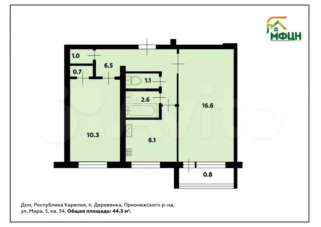 2-к. квартира, 44,3 м, 5/5 эт. - Фото 0