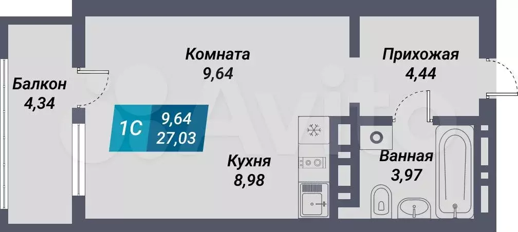 1-к. квартира, 27 м, 3/29 эт. - Фото 1