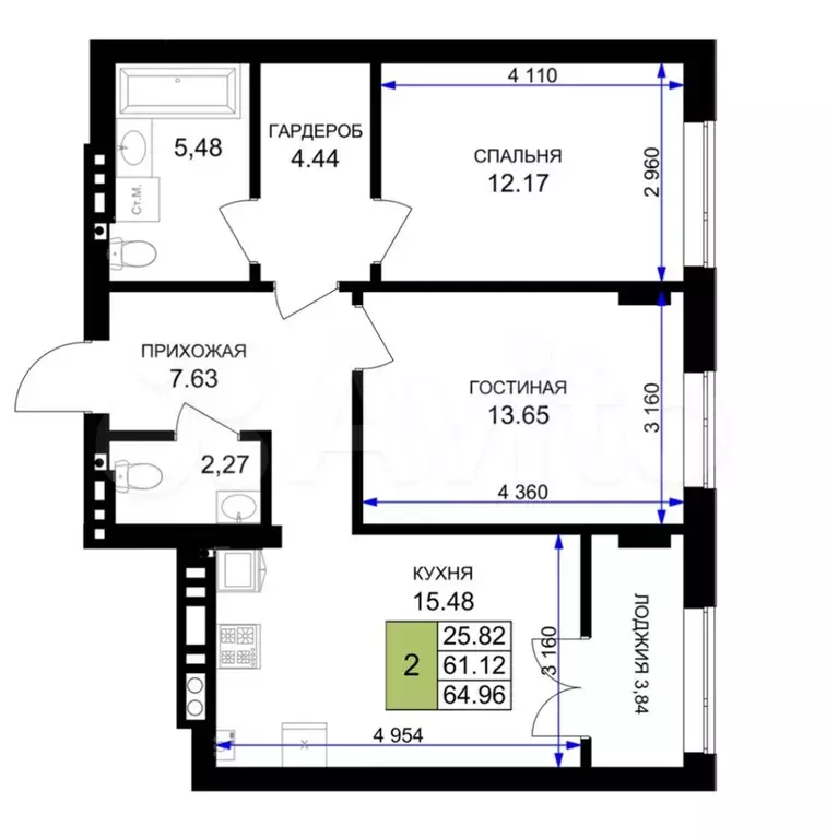 2-к. квартира, 65 м, 2/7 эт. - Фото 0