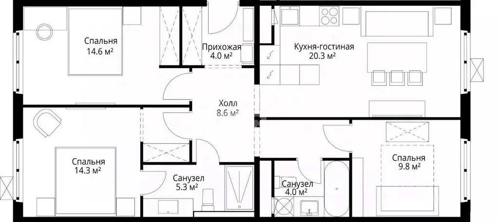 Квартира, 3 комнаты, 80.9 м - Фото 0