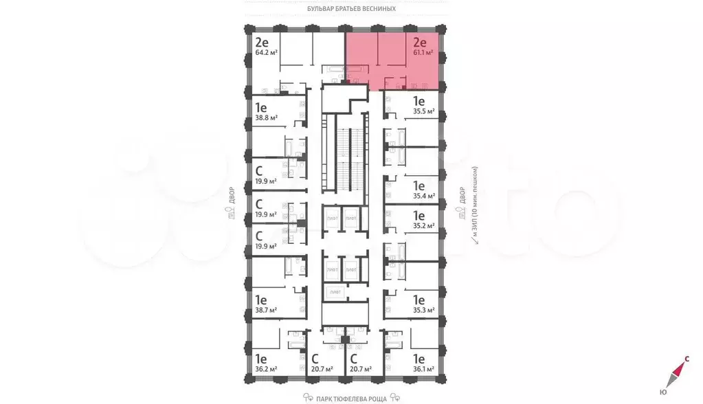 2-к. квартира, 61,1 м, 7/43 эт. - Фото 1