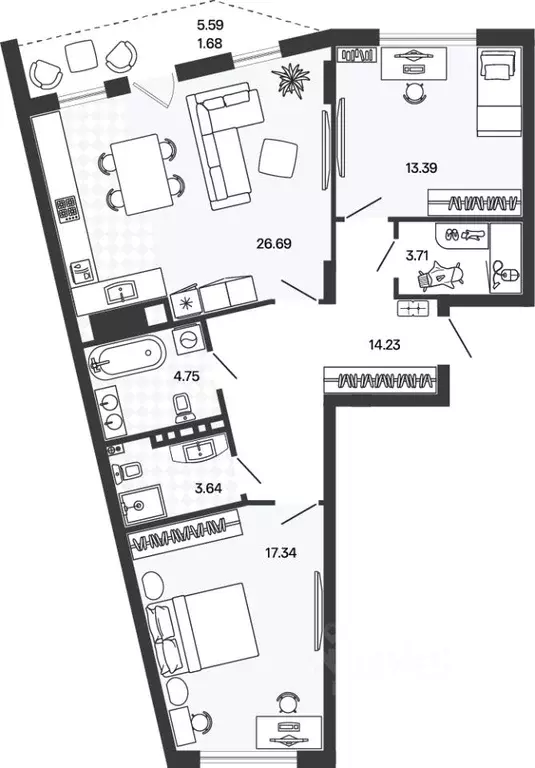 2-к кв. Калининградская область, Гурьевский муниципальный округ, пос. ... - Фото 1