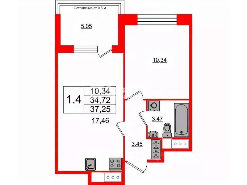 1-к кв. Санкт-Петербург 1-й Предпортовый проезд, 1 (34.5 м) - Фото 2