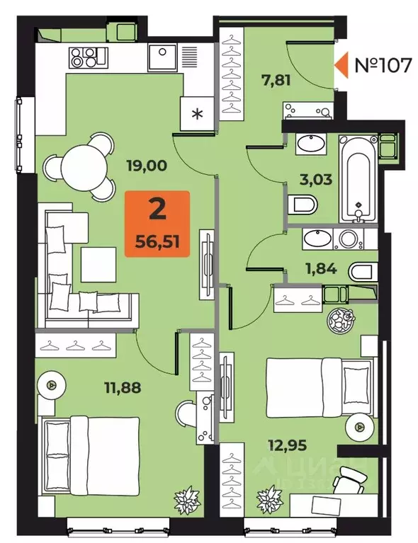 2-к кв. Самарская область, Самара просп. Карла Маркса, 231 (56.51 м) - Фото 1