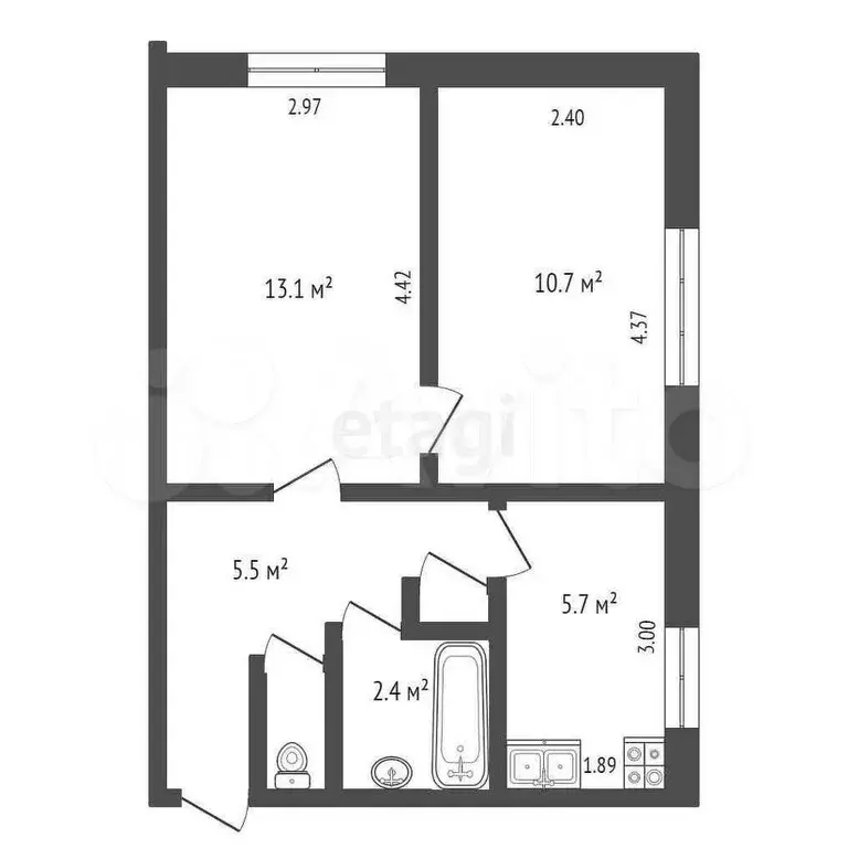 2-к. квартира, 39 м, 1/2 эт. - Фото 0