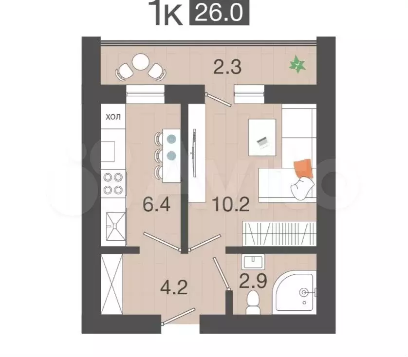 1-к. квартира, 26 м, 2/4 эт. - Фото 1