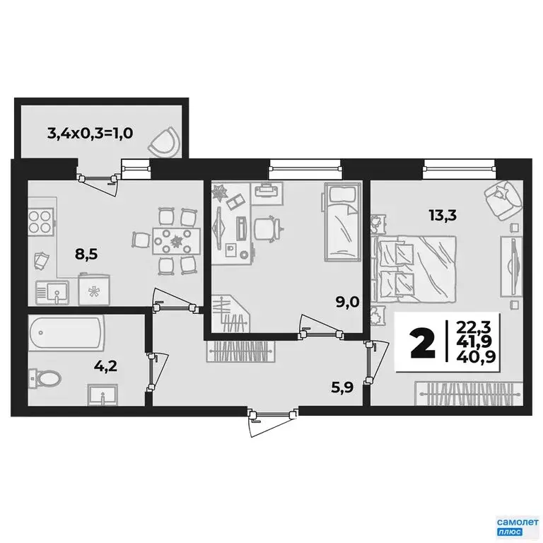 2-комнатная квартира: аул Новая Адыгея, ЖК Дарград (40.9 м) - Фото 1