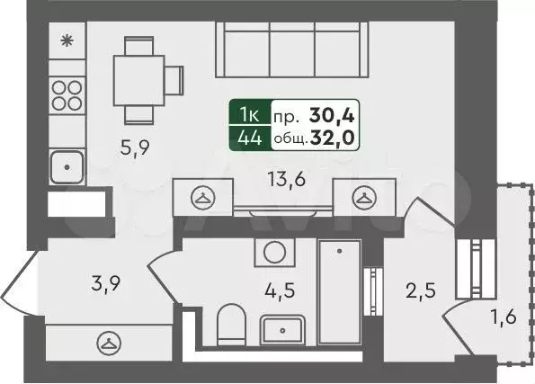 Квартира-студия, 32 м, 4/4 эт. - Фото 0