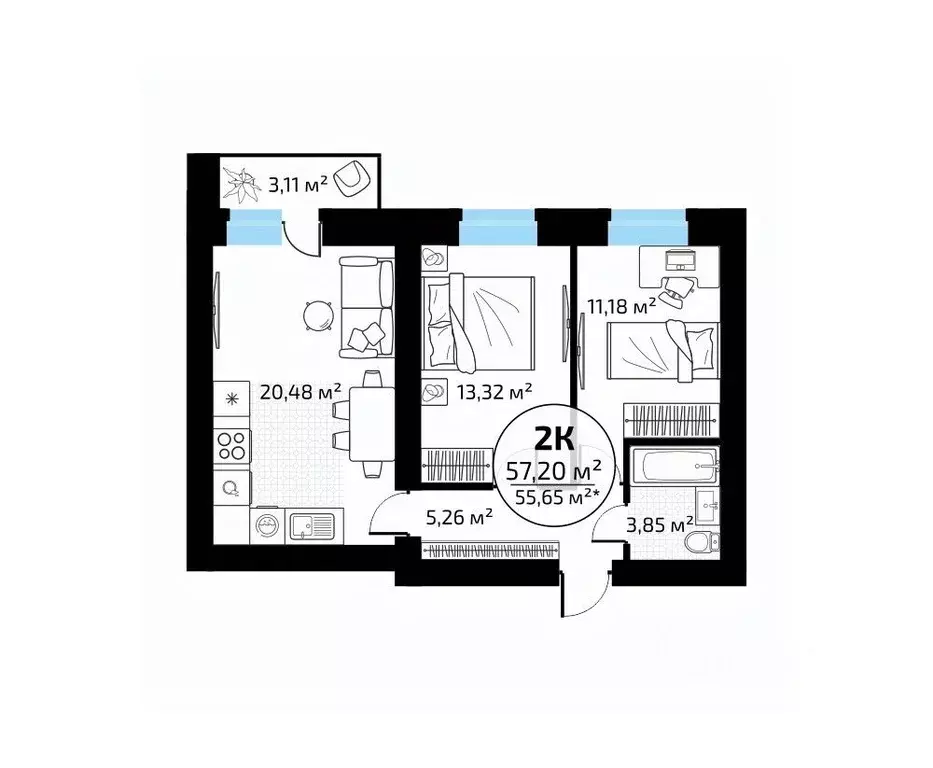 2-к кв. Самарская область, Самара пос. Мехзавод, 1-й кв-л, 50 (57.2 м) - Фото 1