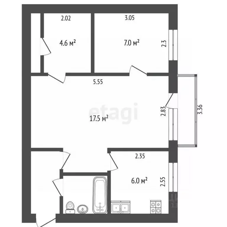 2-к кв. Омская область, Омск Учебная ул., 185 (43.0 м) - Фото 1
