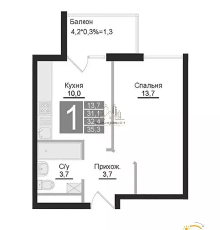 1-комнатная квартира: Молодёжное, ул. Парковая (31.1 м) - Фото 1
