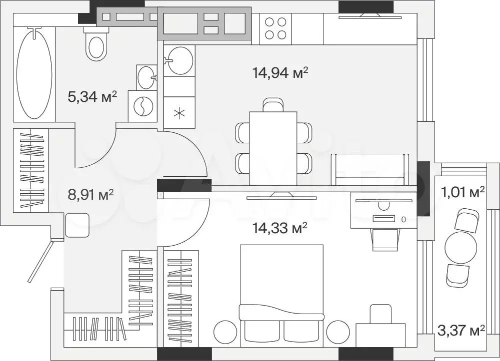 1-к. квартира, 44,5 м, 6/7 эт. - Фото 0