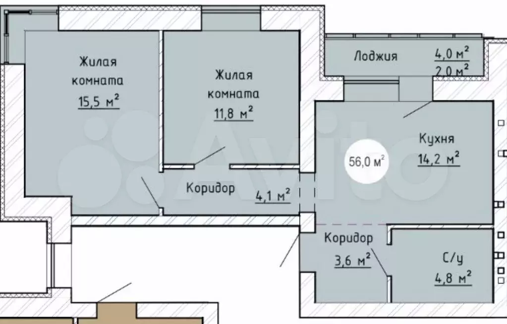 2-к. квартира, 56 м, 6/9 эт. - Фото 0