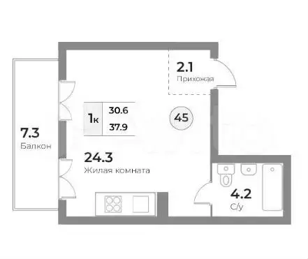 Апартаменты-студия, 37,9 м, 4/5 эт. - Фото 1