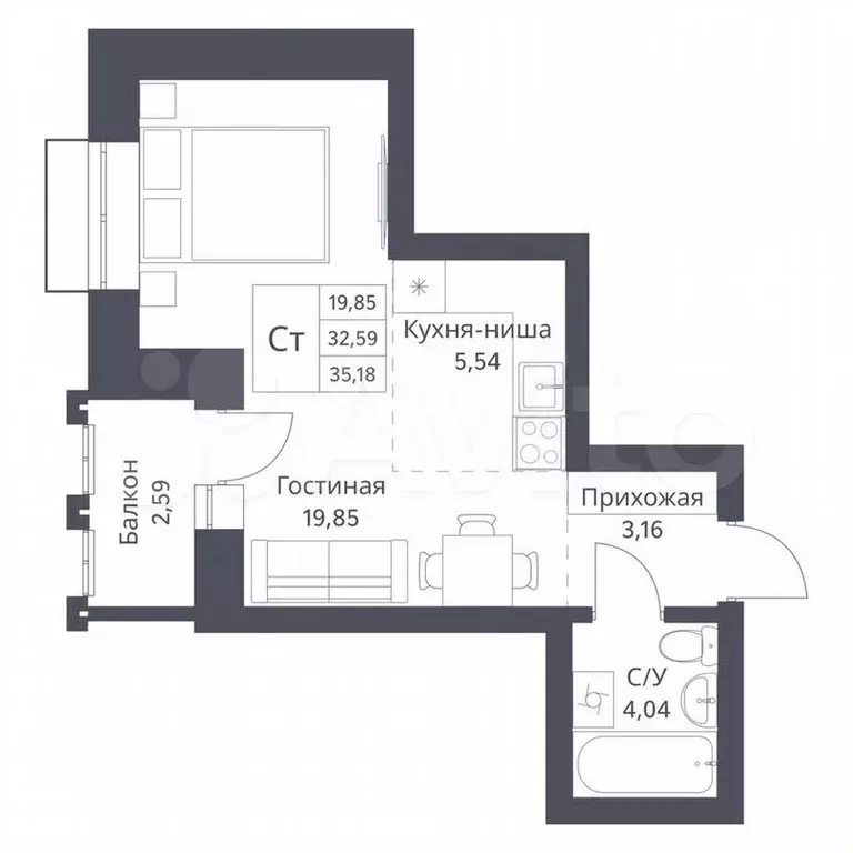 Квартира-студия, 35,2м, 9/18эт. - Фото 0