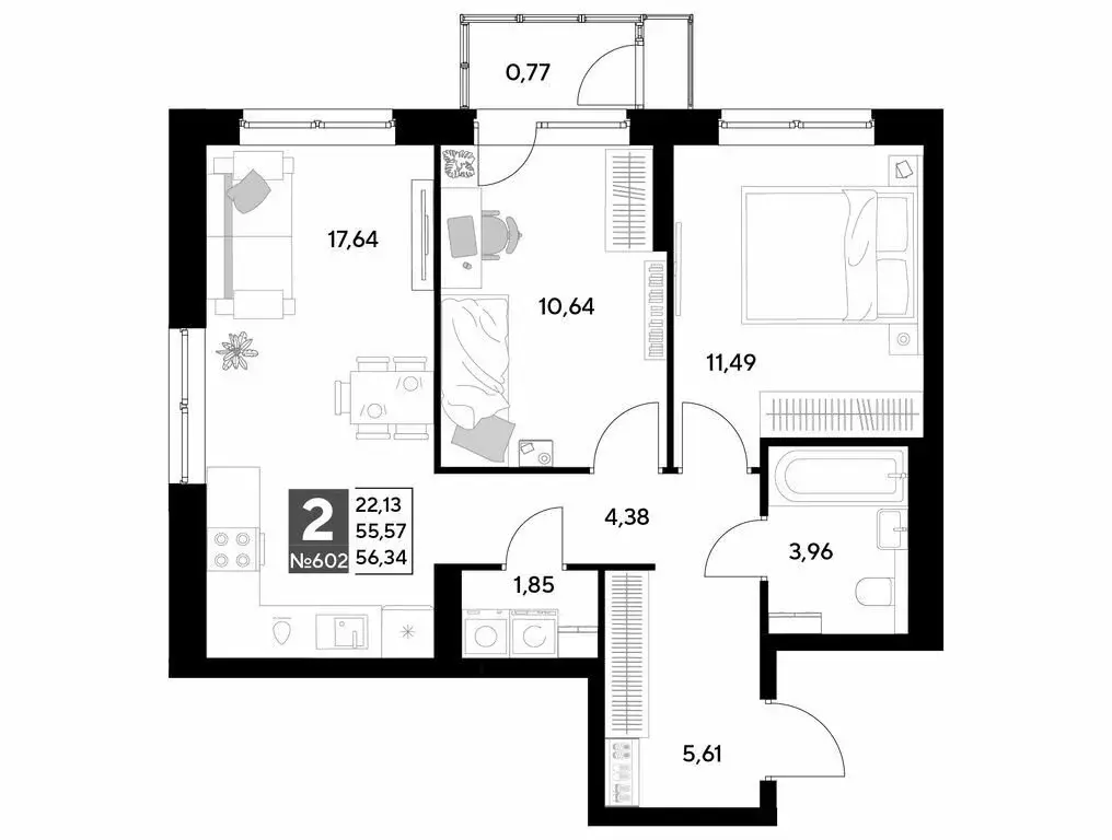 2-комнатная квартира: Калуга, улица Болдина, 22/1 (56.34 м) - Фото 0