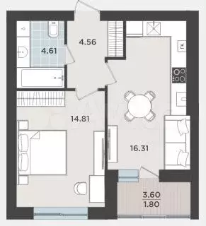 1-к. квартира, 44 м, 3/9 эт. - Фото 1
