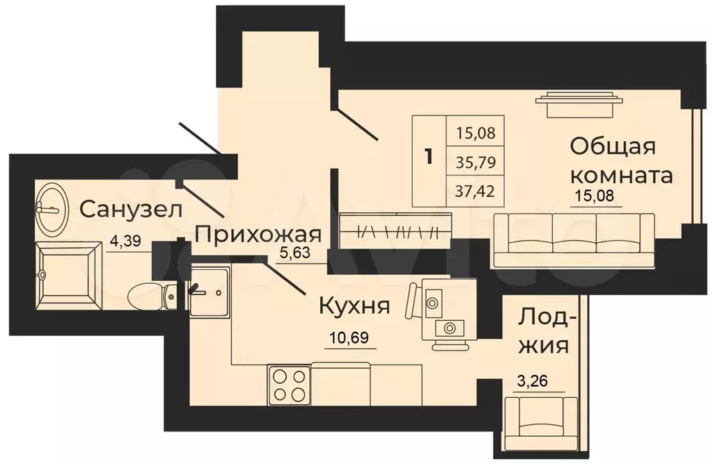 1-к. квартира, 37,4 м, 10/24 эт. - Фото 0