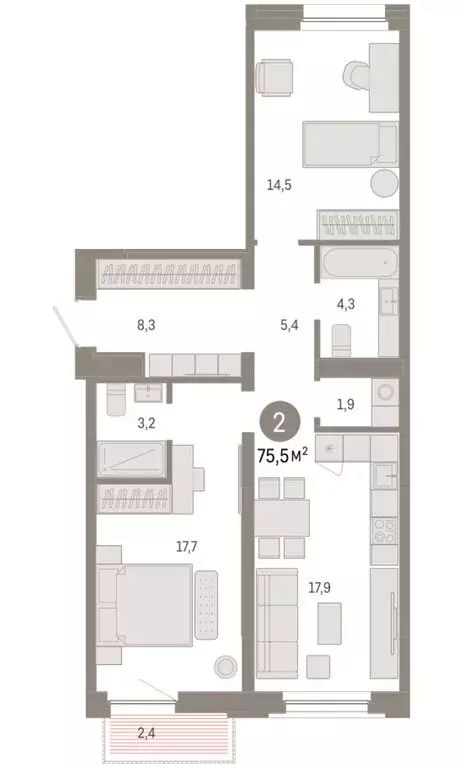 2-комнатная квартира: Тюмень, Мысовская улица, 26к2 (75.45 м) - Фото 1