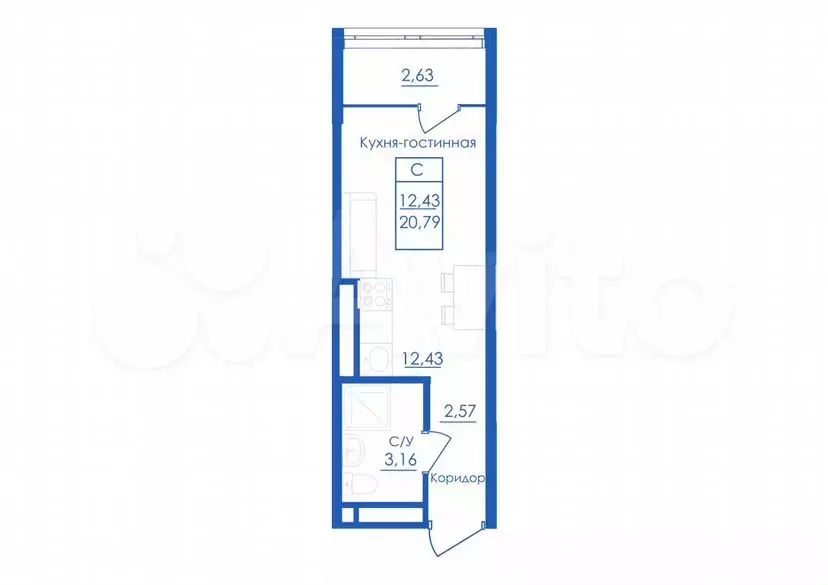 Квартира-студия, 20,8м, 3/25эт. - Фото 1