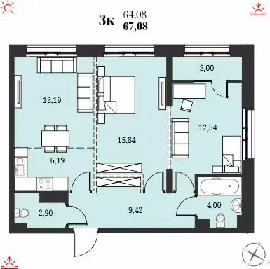 3-комнатная квартира: Хабаровск, Индустриальный район (67.08 м) - Фото 0