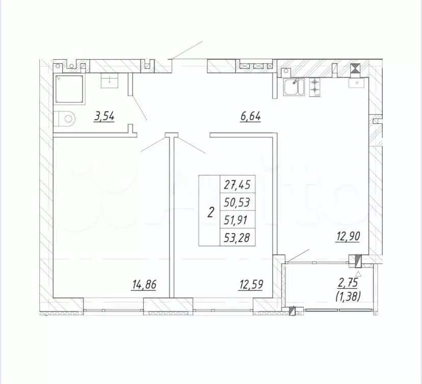 2-к. квартира, 54 м, 3/4 эт. - Фото 1